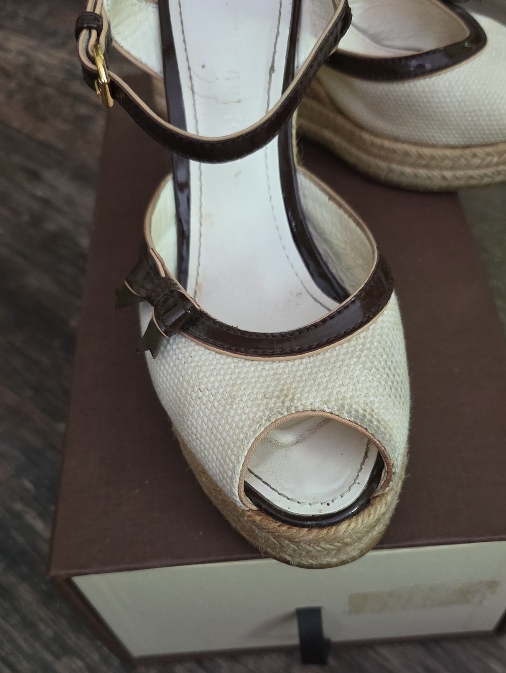 Louis Vuitton Cream and Brown Peep-Toe Wedge Sandals Size 38 - Picture 8 of 11
